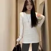 Camiseta de Manga Larga con Cuello en V Ajustada y Hombros Descubiertos de Terciopelo Cangrejo Wubi para Mujer, Top Básico Ajustado Otoño/Invierno, Ropa Interior de Otoño