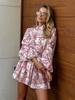 Vestido de manga larga con estampado de tinta transfronterizo Europa y Estados Unidos 2025 primavera nuevo cuello alto manga linterna vestido con cordones