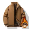 Jaqueta masculina acolchoada de inverno, forrada com fleece, gola alta, casual, à prova de vento, quente, peça de outer wear de lã de cordeiro para homens de meia-idade e idosos