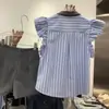 Camisa de Verano Nueva Estilo Coreano con Diseño de Cuello Rayas Mangas Cortas Volantes Pequeñas Volantes Top para Mujer Transfronterizo Dulce y Juvenil