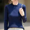 Suéter de punto para mujer con rayas verticales de algodón puro y cuello alto medio, adecuado para primavera y otoño, hipoalergénico, transpirable y adelgazante, una capa base esencial para primavera y otoño