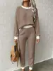 Conjunto de dos piezas para mujer: sudadera casual de punto gofre con cordón y cuello redondo y pantalón largo casual