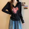 Camiseta Polo de Manga Larga con Cuello Corazón para Mujer Talla Grande, Estilo Coreano, Diseño Holgado, Estampado de Letras, Top Adelgazante