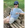Camiseta de Manga Larga Rayas Azules con Mascarilla Protector Solar Ropa de Verano para Aire Acondicionado Ropa de Relajación para Mujer Top Holgado Blusa Delgada