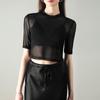 Blusa fina de malla negra de media manga corta apilada para yoga, baile y fitness