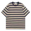 Top Básico Unissex Vintage Lavado com Listras Horizontais Coloridas Estilo Japonês Retrô, Gola Redonda, Manga Curta, Textura Lavada, Caimento Solto, Tendência