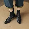 Botines Chelsea retro de cuero estilo británico, adecuados para comercio transfronterizo, diseño sin cordones, negros, tacón grueso, punta cuadrada, botines cortos, botines de mujer para otoño/invierno