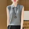 Colete suéter sem mangas com gola polo feminino novo da moda primavera e verão gola lapela tricô vazado blusa top feminino