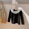Camiseta Básica de Manga Larga con Adorno de Encaje y Cuello de Muñeca para Niñas, para Primavera y Otoño, Top Infantil Dulce y Versátil