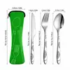 Set de cubiertos de acero inoxidable de tres piezas para Amazon, que incluye cuchillo para bistec, tenedor y cuchara, en una bolsa de tela creativa, adecuado para estudiantes y uso al aire libre