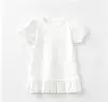 Camiseta Infantil de Verão Nova para Meninas, Manga Bufante Curta, Gola Redonda, Cor Sólida, Barra com Babado, Camiseta Básica para Bebê