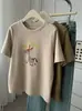 Camiseta de Algodón de Fibra Larga con Estampado de Caballos de Colores, Cuello Redondo, Cepillada, Manga Corta para Mujer, Nuevo Estilo Coreano de Primavera, Holgada, Casual, Capa Base