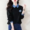 2023 Primavera Nueva Moda Sudadera de Solapa de Material en Contraste para Mujer Manga Larga Hombro Caído Recta Casual Temperamento Sudadera Trendy