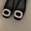 Sapatos de Salto Grosso Estilo Francês Preto Estético com Strass de Bico Fino Sapatos Mary Jane Planos de Salto Grosso 2026 Nova Primavera para Combinar com Saias