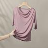 Yuyue 2026 Nuevo Estilo Camiseta de Seda de Morera de Manga Corta de Verano para Mujer, Diseño Adelgazante de Corte Recto con Pliegues Irregulares