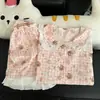 Pijama Rosa con Estampado Rilakkuma Integral para Mujer, Conjunto de Dos Piezas de Verano con Pantalones Cortos de Manga Corta con Ribete de Encaje, Ropa de Casa Suave y Linda para Niñas