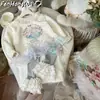 [Casa Rosa] Nuevo Conjunto de Otoño para Niñas Estilo Lindo y Femenino, Sudadera con Adorno de Encaje y Pantalones Acampanados Conjunto de Dos Piezas, Elegante