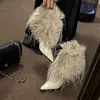 Botines blancos de tacón alto peludos de moda estilo coreano, botines de tacón de aguja con punta fina, botas cálidas de media pantorrilla forradas de felpa para otoño e invierno