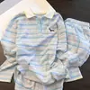 Design Fresco e Rejuvenescedor Conjunto de Pijama Listrado Azul e Branco com Estampa de Dachshund Manga Longa Short para Mulheres Roupa de Casa de Verão