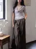 [Ting Lan] Top de punto de encaje de manga corta tipo dos piezas falsas con cuello de volantes para mujer, morado, cintura ajustada, elegante, camiseta