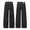 Jeans de Mezclilla Negra de Pierna Ancha de 14 Onzas con Diseño de Costura Curva para Hombre, Nuevo Estilo de Primavera Pantalones Sueltos Casuales de Pierna Ancha para Mujer