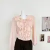 Camisa Rosada con Volantes Chacastudio Vibe de Principios de Primavera para Mujer, Camisa de Manga Larga con Cuello en V de Alta Gama Estilo Francés