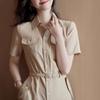 Gran Venta Procesamiento Vestido Camisa de Viajero Nuevo para Mujer Caqui con Cordones en la Cintura Adelgazante Falda de Longitud Media
