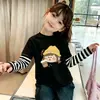 Top Básico Dulce y Lindo Cuello Redondo Nuevo Estilo Primavera y Otoño Falso Dos Piezas Patchwork Rayado Algodón Puro Manga Larga para Niñas