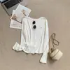 Camiseta base de manga larga bordada con cuello redondo, inspirada en las vacaciones al estilo francés, camiseta top casual versátil para el otoño coreano para mujer
