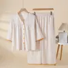 Conjunto Novo de Primavera e Outono para Mulheres em Fio de Algodão e Bambu Tingido, Manga Sete Quartos, Calça Longa Fina, Solto, Confortável, Roupa de Casa, Pijama