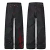 Jeans de mezclilla originales de microcampana para hombre, pantalones largos casuales rectos versátiles, con letras florales bordadas en contraste negro y rojo, modernos