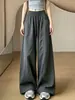 Pantalones deportivos de tiro alto color gris oscuro de secado rápido con dobladillo curvo para mujer, nuevo estilo de otoño, pantalones casuales holgados y adelgazantes, pantalones de pierna recta fluidos de pierna ancha