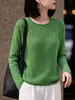 Blusa de tricô elegante estilo francês, sem costura, de manga longa para mulheres, gola redonda, minimalista, suave, modeladora, levemente transparente, blusa base fina