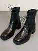 Versión de Piel de Vaca ~ Botas Martin con Cordones Versátiles para Ropa de Trabajo Botines Gruesos de Tacón Cuadrado de 6 cm Plataforma Impermeable Botines Estilizados Nuevo Estilo