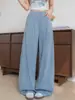 Calça feminina de corte curvo em Lyocell Tencel, 26 outono novo estilo, cintura alta solta casual de perna larga com caimento relaxado