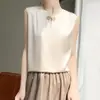 Nova Coleção Primavera e Verão 2025 Estilo Chinês Estilo Nacional Colete de Cetim Gola Redonda Cor Sólida Fivela Sem Mangas Pulôver Camisa Base para Mulheres