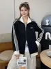 A1330 Chaqueta para Mujer con Tres Rayas, Estilo Deportivo Vintage, Cuello Alto, Chaqueta con Cremallera, Corte Holgado, Rejuvenecedora, Abrigo Versátil
