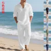 Roupa de casa casual estilo americano, de linho, folgada, para primavera e outono, para homens, com design de gola V, mangas compridas e calças compridas.