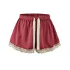 Shorts de Satín con Ribete de Encaje Dulce y Picante, Nuevo Estilo de Verano, Cintura Elástica con Cordón, Corte Holgado, Rectos Adelgazantes, Pantalones Cortos Casuales para Mujer