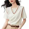 Camiseta de Manga Corta de Punto de Seda Helada Falsa de Dos Piezas con Cuello en V para Mujer, Corte Holgado con Diseño Color Block para Verano