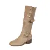 Botas Altas de Cuero Suave Arrugado Otoño/Invierno Nuevo Retro 2026 Versátiles con Hebilla Botas Largas Estilo Redondeado Adelgazante Wasteland