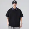 Camisa Polo de Manga Corta con Retazos a Cuadros para Hombre, Estilo Verano, Limpia y Elegante, Camiseta Pesada de Manga Media con Cuello Campana Estilo Americano