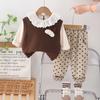 Traje para niña Primavera y Otoño 2025 Nuevo Estilo Occidental para Niños Camisa de Encaje de Encaje Suéter Chaleco Conjunto de Tres Piezas para Bebé