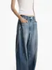 [Em Estoque] Jeans Da Wang Estilo Preguiçoso com Cordão Perna Larga Curvo Vintage Desgastado Calça Casual