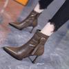 Botas Curtas de Salto Alto Bico Fino na Cor Cáqui para Mulheres, Novo Design Outono e Inverno 2026 com Fivela de Cinto e Salto Fino Botas Slim