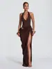Vestido largo formal con cuello halter y escote en V profundo con atadura al cuello, diseño sin espalda, falso dos piezas, vestido cruzado drapeado de una pieza empalmada