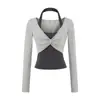 T-shirt Manga Longa Twist Colorida Contrastante Sexy Hot Girl Falsa Peça Dupla Outono Nova Slim Curta Esportiva Fitness para Mulheres