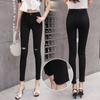 Leggings femininas nove pontos com borda áspera, verão e outono, novas calças justas e com buracos quebrados, calças lápis altas e justas para estudantes