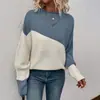Suéter Feminino Europeu e Americano para Comércio Exterior Transfronteiriço Casual Malha Solta Cor Blocada Amazon Manga Longa Gola Redonda Top de Tricô