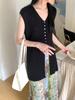 Le Hu 24 Verão Minimalista Temperamento Senso de Design Decote V Slim Cardigan de Tricô Colete sem Mangas Comprimento Médio 6398